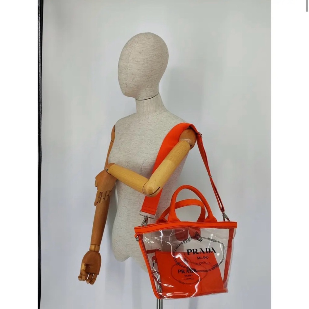 Authentic Preloved PRADA Logo Plexi Clear Crossbody Canapa Tote-Orange Canvas